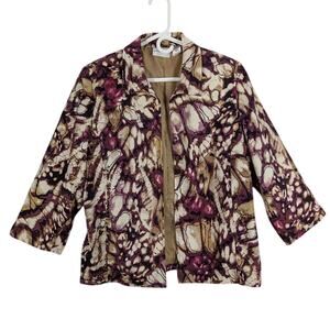 Alfred Dunner Jacket Womens 16 Purple Abstract 3/4 Sleeve Hip Length Lined Work